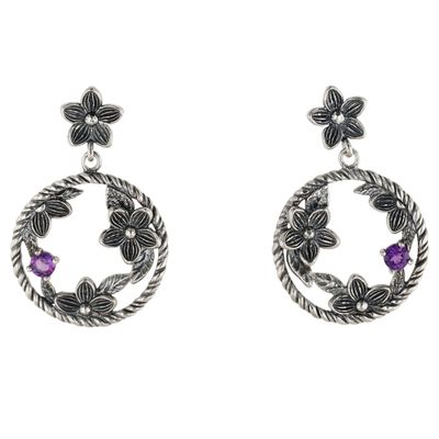 Signed Israel Sterling Silver Amethyst Floral Dangle Hoop Stud Earrings