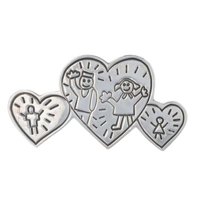 Signed Mexico Sterling Silver Family Love Hearts Brooch