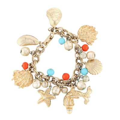 Gold Tone Metal Faux Pearl Beaded Sea Life Bracelet