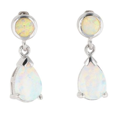 Signed Sterling Silver Opal Double Drop Stud Earrings