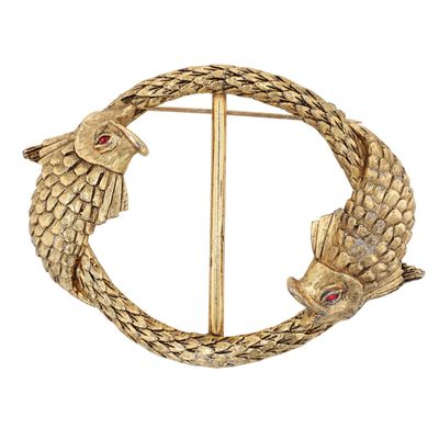 Gold Tone Rhinestone Double Koi Fish Scarf Brooch