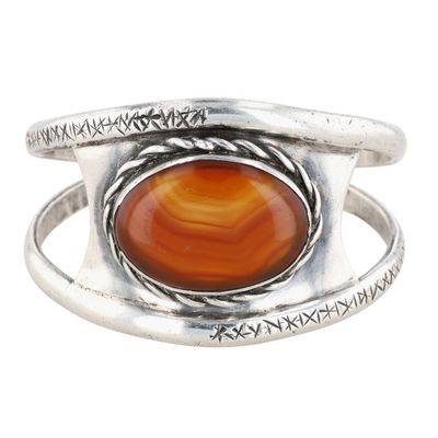 Signed Vintage Sterling Silver Banded Agate Engraved Cuff Bracelet