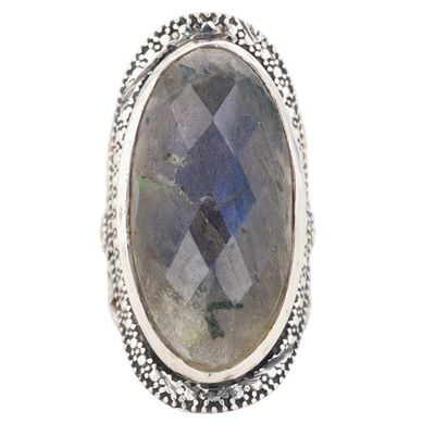 Sterling Silver Faceted Labradorite Large Shield Ring Size 6