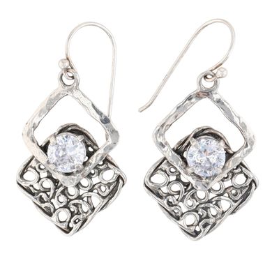 Israel Sterling Silver CZ Double Square Dangle Earrings