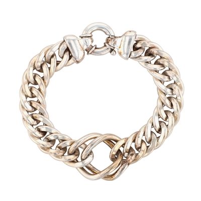 Italy Sterling Silver Large Hollow Double Loop Curb Chain Bracelet
