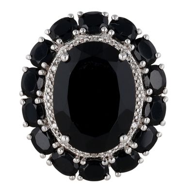 Signed Sterling Silver Diamond Black Tourmaline Oval Halo Ring Size 7