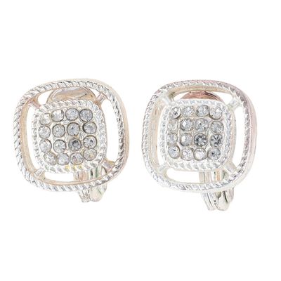 Signed Silver Tone Rhinestone Square Earrings
