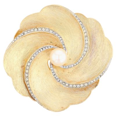 Gold Tone Metal Rhinestone Faux Pearl Floral Pendant