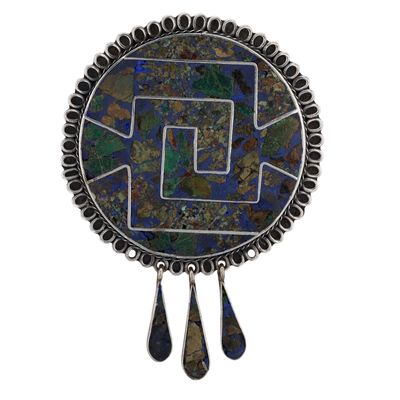 Signed Taxco Mexico Sterling Lapis Malachite Inlay Fringe Brooch Pendant