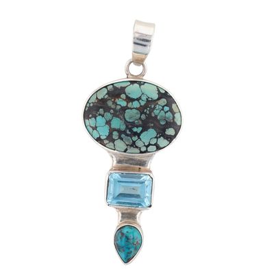 Signed Sterling Silver Turquoise Blue Topaz Three Stone Pendant