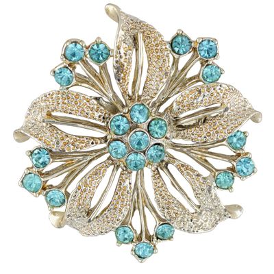 Silver Tone Blue Rhinestone Decorative Flower Brooch