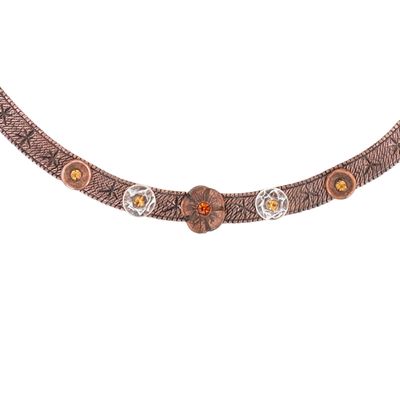 Vintage Copper Poured Glass Herringbone Flower Necklace