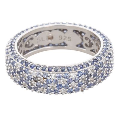Suzy Levian Sterling Silver Two Tone Sapphire Pave Studded Band Ring Size 8