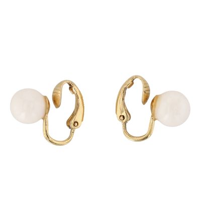 Trifari Gold Tone Metal White Bead Earrings