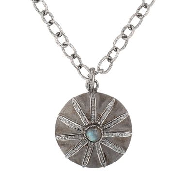 Sterling Silver Diamond Labradorite Floral Disc Textured Chain Necklace
