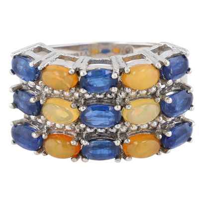 Sterling Silver Sapphire Opal Three Row Band Ring Size 7