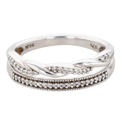 Signed Sterling Silver Diamond Twisted Double Band Ring Size 7