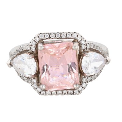 Signed Sterling Silver Two Tone CZ Three Stone Statement Ring Size 6