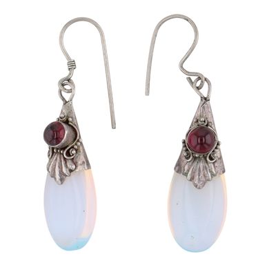 Sterling Silver Garnet Moonstone Bali Style Dangle Earrings