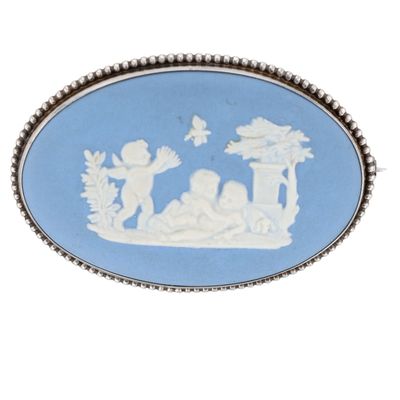 Wedgwood England Sterling Silver Porcelain Cherub Garden Brooch