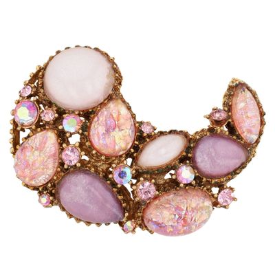 Vintage Gold Tone Pink Rhinestone Glass Paisley Brooch