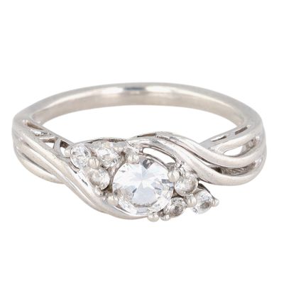 Signed Sterling Silver White Sapphire Cluster Crossover Ring Size 6.5