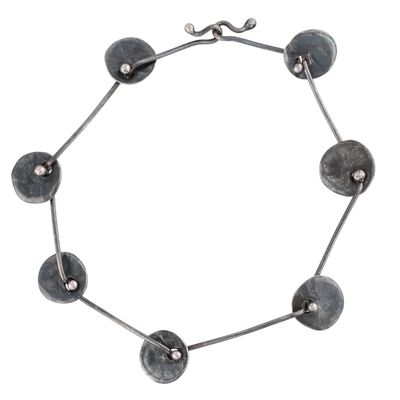Signed Fine Silver Oxidized Modern Disc Link Bracelet