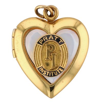 Pratt Institute Gold Filled Mother of Pearl Enamel Heart Locket