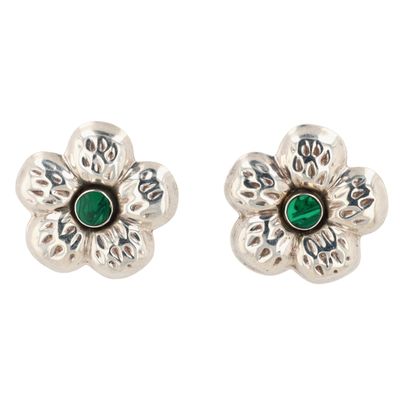 Taxco Mexico Sterling Silver Malachite Hollow Form Flower Stud Earrings