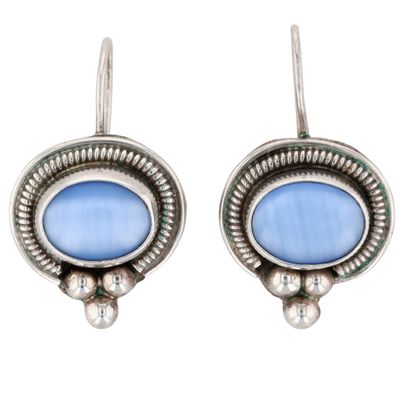 Signed Mexico Sterling Silver Blue Mother of Pearl Oval Drop Earrings