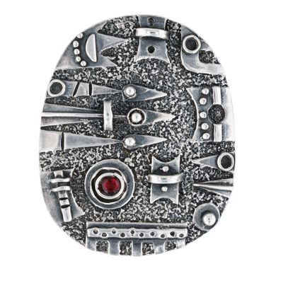 Signed Sterling Silver Rhinestone Modernist Geometric Brooch Pendant