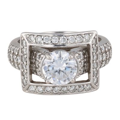 Jose Hess Sterling Silver CZ Rectangle Halo Solitaire Ring Size 7