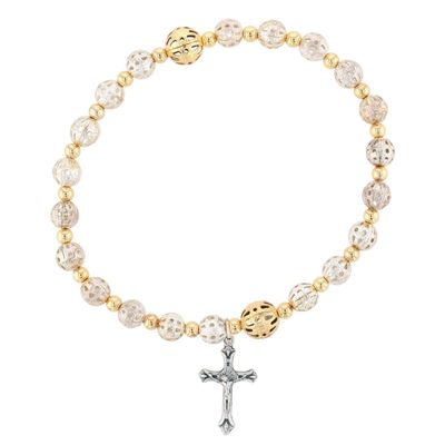 Italian Mixed Metals Beaded Crucifix Charm Stretch Bracelet