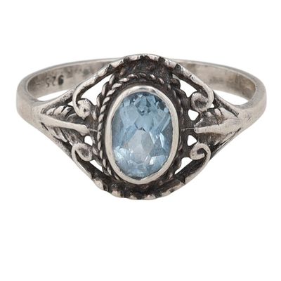 Southwest Sterling Silver Blue Topaz Feather Detail Ring Size 4.75