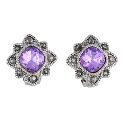 Silver Tone Purple Rhinestone Earrings