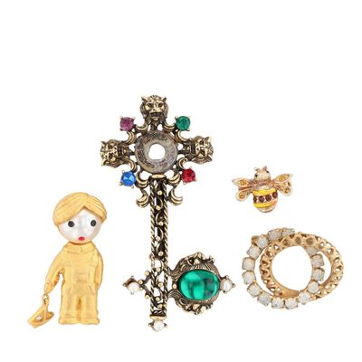 Gold Tone Rhinestone Enamel Brooch Lot