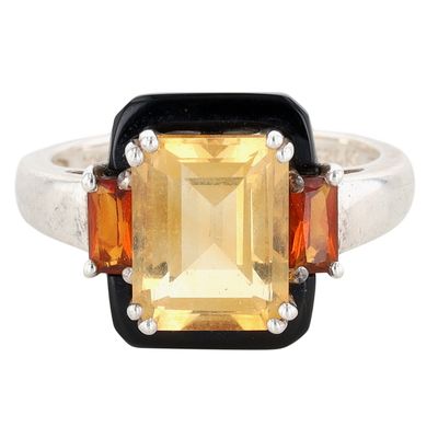 Signed Sterling Silver Citrine Onyx Outline Three Stone Ring Size 7