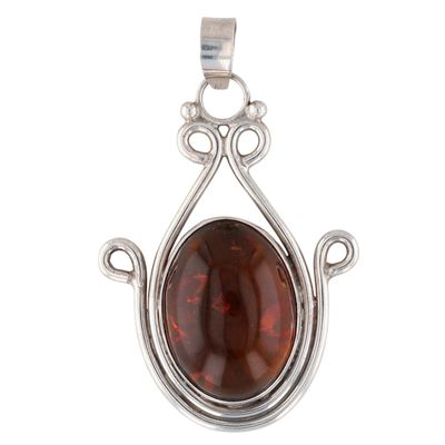 Sterling Silver Amber Large Detailed Oval Pendant