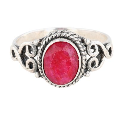 Sterling Silver Ruby Oval Scroll Detail Ring Size 6
