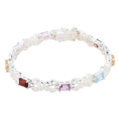 Signed Sterling Silver Multi Gemstone Open Link Tennis Bracelet