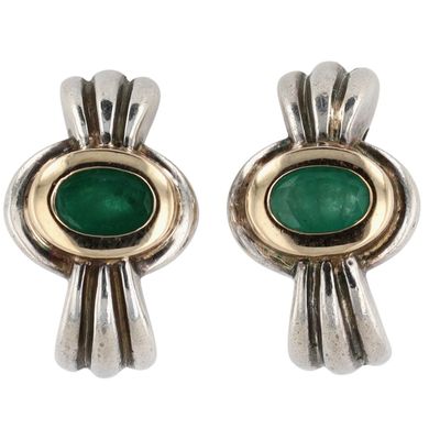 Signed 14K Yellow Gold Sterling Silver Emerald Huggie Stud Earrings