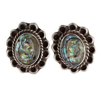 Signed Mexico Sterling Silver Abalone Flower Stud Earrings