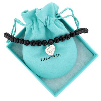 Tiffany & Co Sterling Silver Onyx Beaded Return To Tiffany Heart Charm Bracelet
