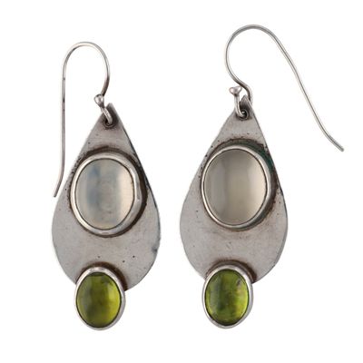 Handmade Sterling Silver Peridot Moonstone Modern Teardrop Dangle Earrings