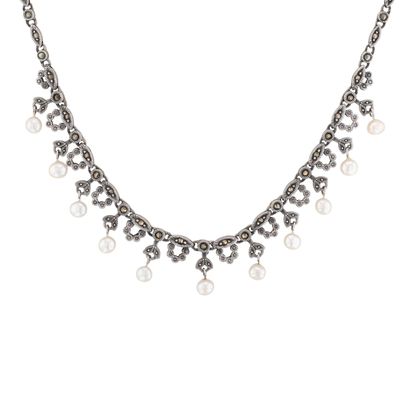 Sterling Silver Pearl Marcasite Link Floral Necklace