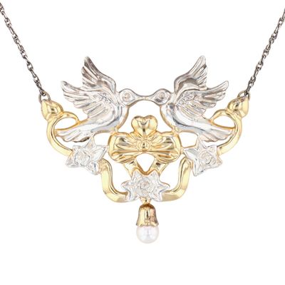 Gorham Sterling Silver Pearl Gold Over Silver Detail Love Birds Necklace