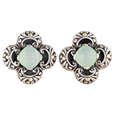 Signed 18K Yellow Gold Sterling Silver Chrysoprase Scroll Detail Stud Earrings