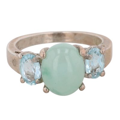 Avon Sterling Silver Blue Topaz Jadeite Three Stone Ring Size 6