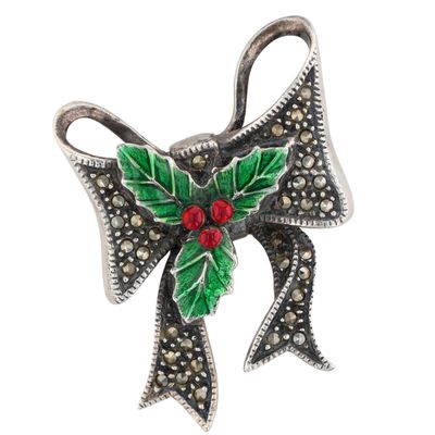 Judith Jack Sterling Silver Marcasite Enamel Holly Bow Brooch