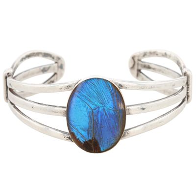 Sterling Silver Iridescent Morpho Butterfly Wing Oval Cuff Bracelet